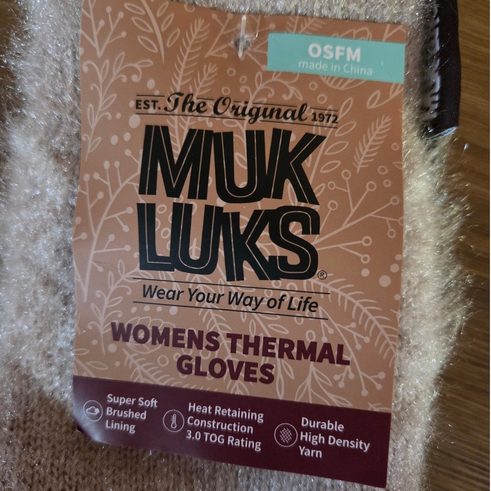 Muk Luks Womens Thermal Gloves Tan White Fuzzy Knit‎ 3.0 TOG OSFM New - Picture 3 of 3
